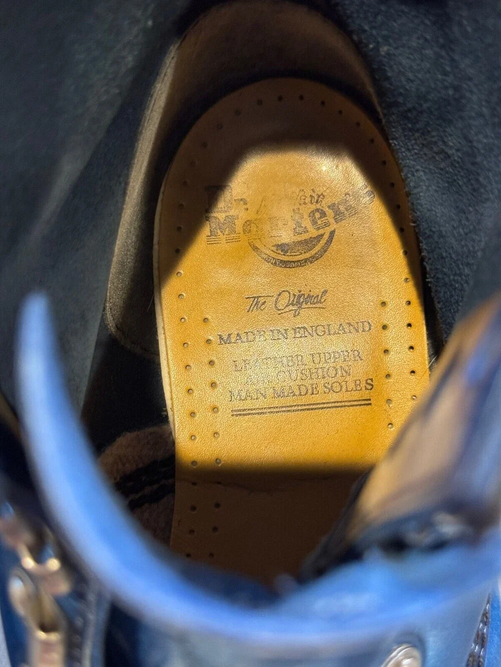 Vintage Dr Martens 8217/34 Metallic Blue Rub-Off Boots MIE US M 10